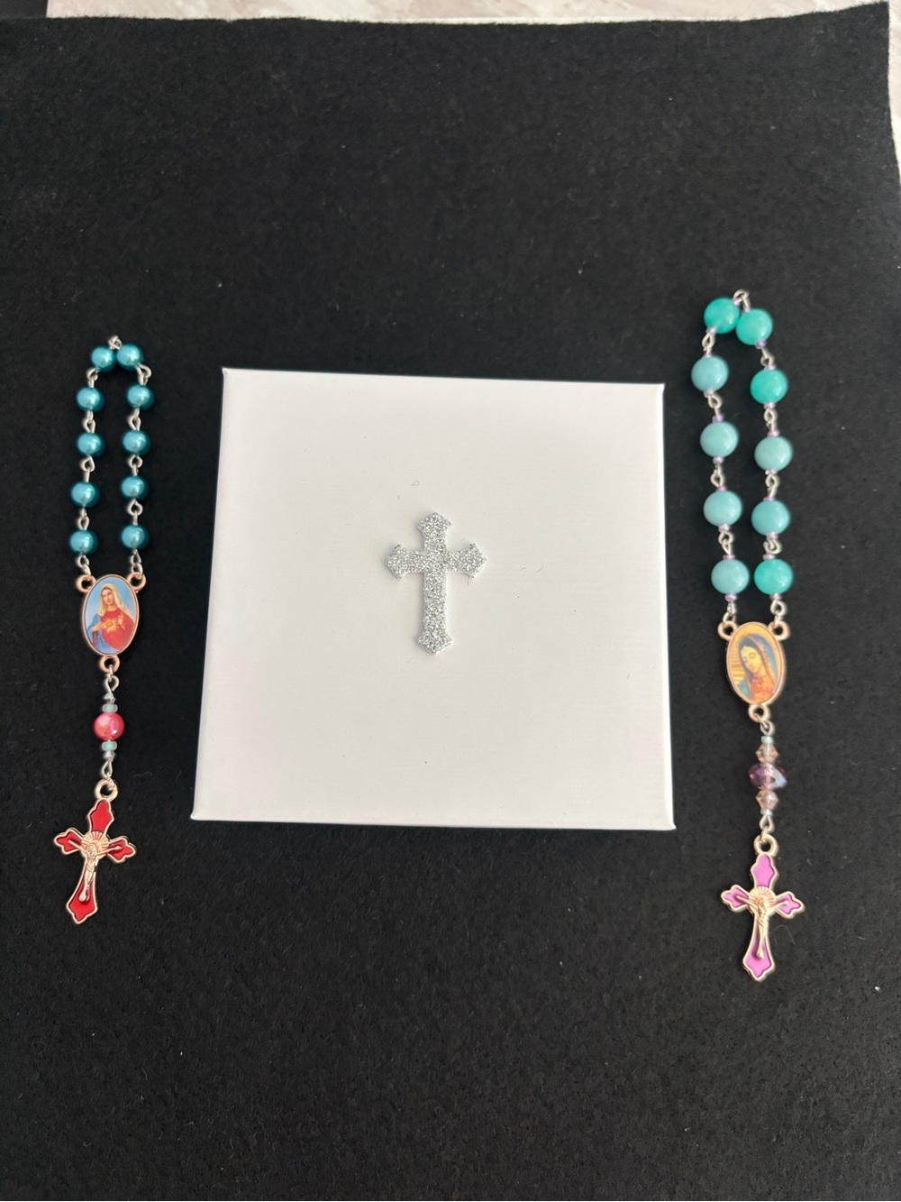 Handmade Turquoise and Rose Gold Mary One Decade Pocket Catholic Rosary set of 2